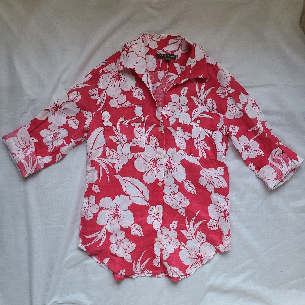 Tommy Bahama Linen Floral Red Shirt Button Hawaiian XS/TP